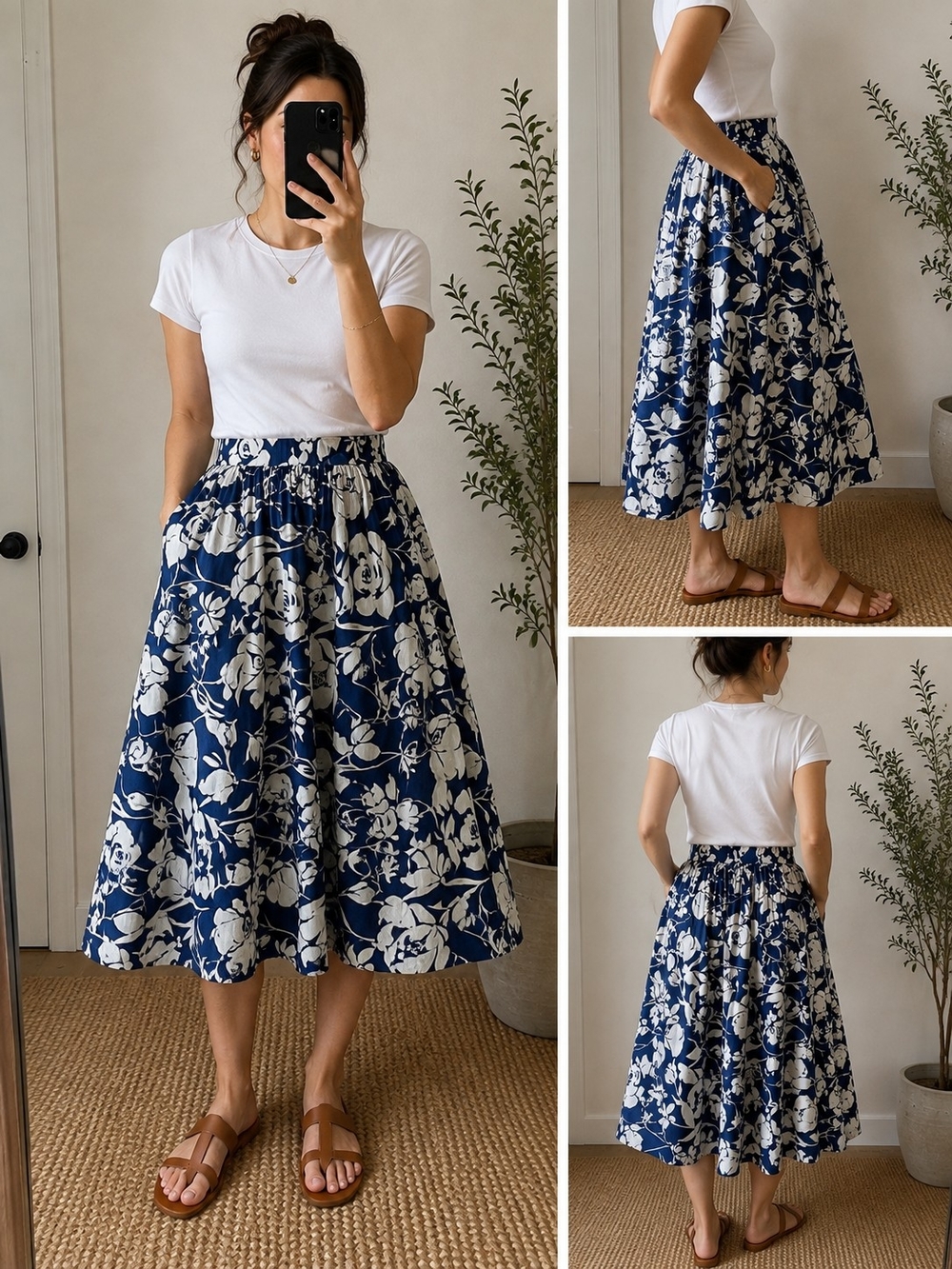 A New Day Blue White Floral Cotton Midi Skirt Size L Pockets